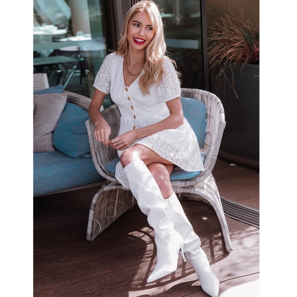 White Eyelet Mini Dress Button Front V-Neck - Picture 2 of 7